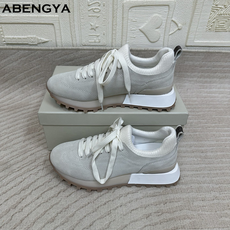 2025 White Knitted Suede Flat  - Knit Fabric Lace Up Sneakers ulasan dan harga